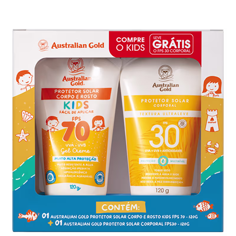 A imagem mostra o kit de protetores solares da Australian Gold para corpo e rosto. A embalagem é uma caixa retangular com cores predominantes laranja, azul e branco. Contém dois tubos de protetores, a caixa apresenta ilustrações de praia com crianças.
