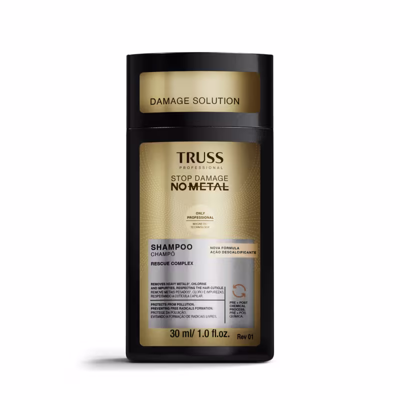 Frasco preto e dourado da linha Truss Professional, com rótulo indicando "Damage Solution" e "Stop Damage No Metal", contendo 30 ml de shampoo com fórmula de resgate.