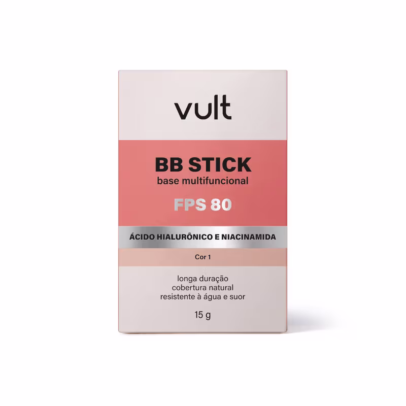 Caixa de BB Stick multifuncional da marca Vult, com FPS 80, contendo ácido hialurônico e niacinamida. Embalagem retangular com cores branca, salmão e cinza, destacando o nome do produto e suas características.