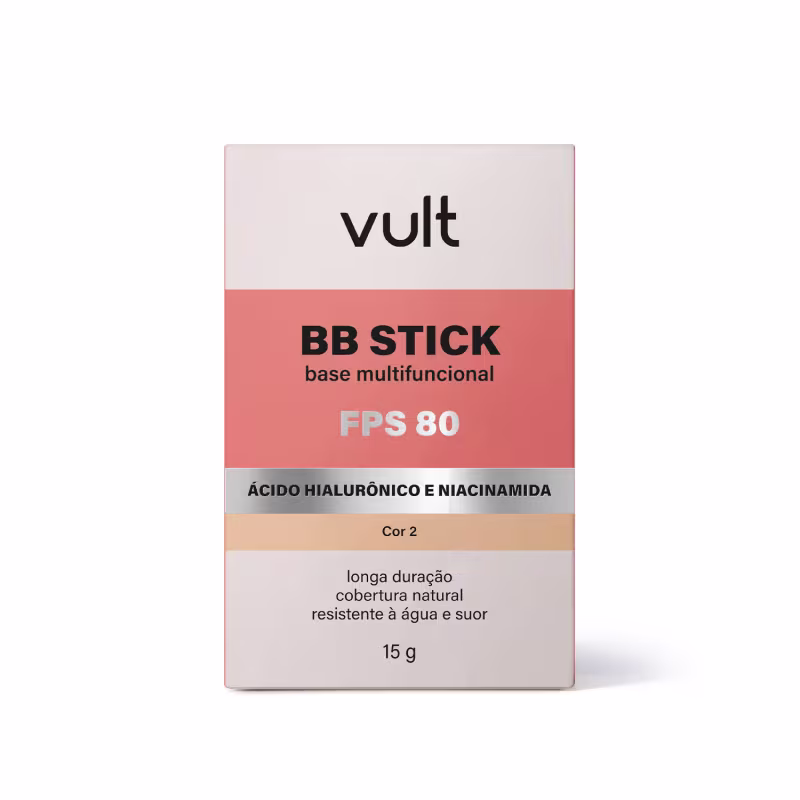 Caixa de BB Stick multifuncional da marca Vult, com FPS 80, contendo ácido hialurônico e niacinamida. Embalagem retangular na cor salmão com detalhes em branco e cinza.