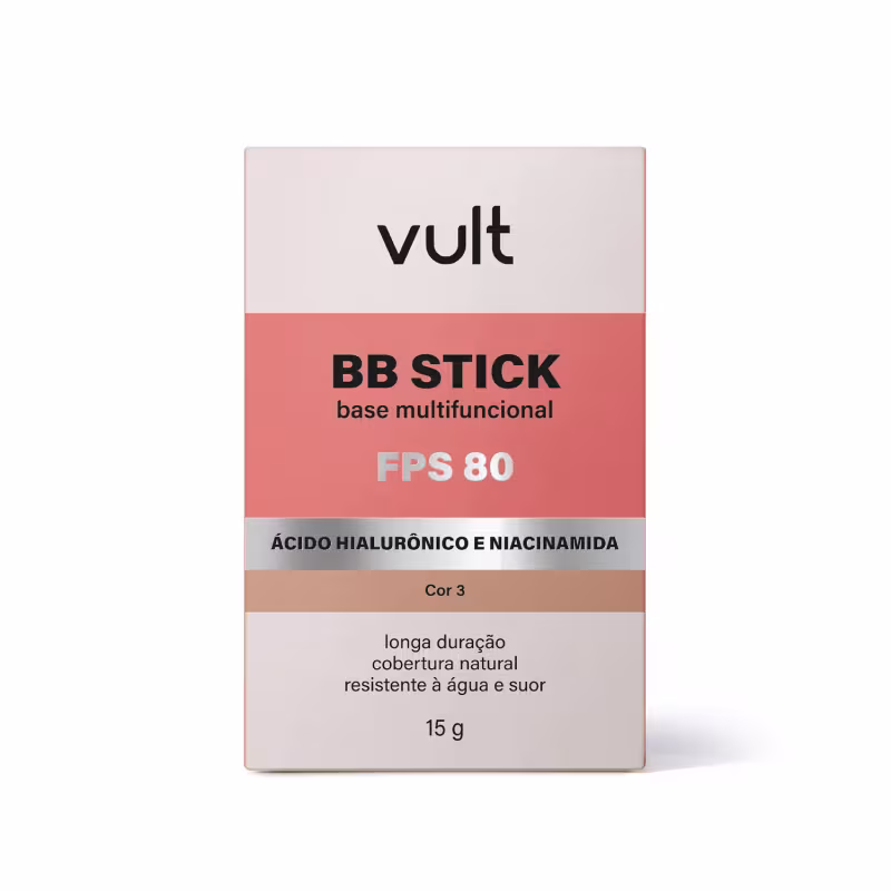 Caixa de BB Stick base multifuncional da marca Vult, na cor 3, com FPS 80, contendo ácido hialurônico e niacinamida, com cobertura natural e resistente à água e suor, com 15g de produto.