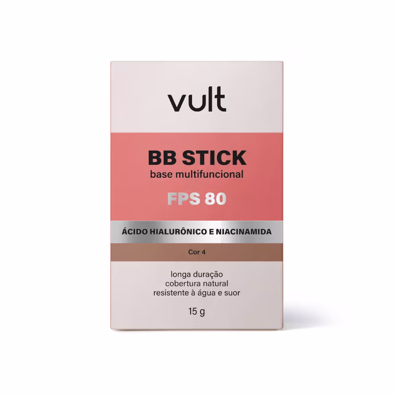Caixa de BB Stick multifuncional da marca Vult, com FPS 80, contendo ácido hialurônico e niacinamida. A embalagem apresenta cores neutras e informações sobre a longa duração, cobertura natural e resistência à água e suor do produto.