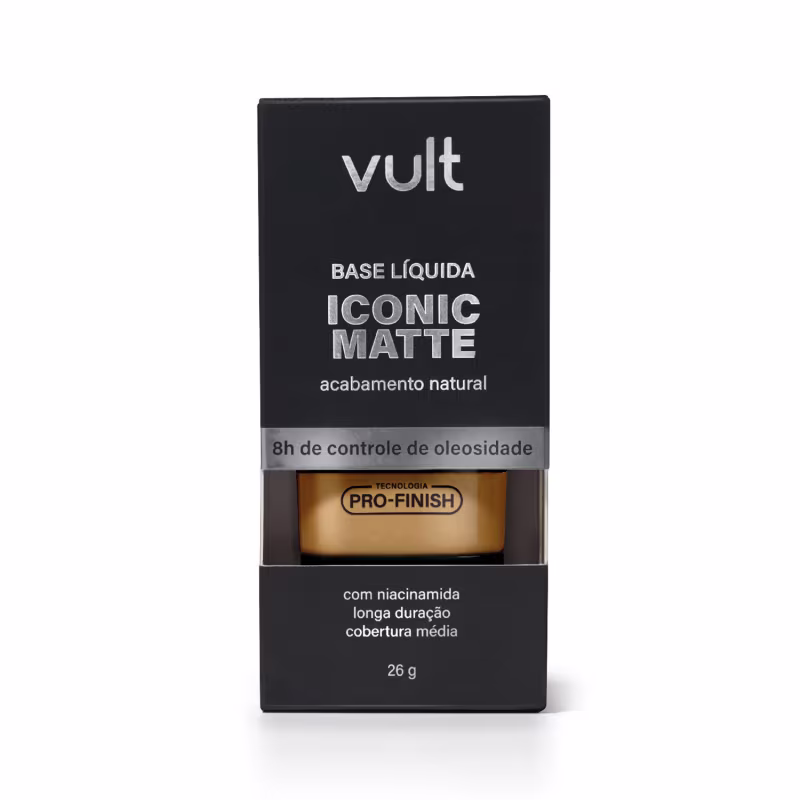 Caixa preta com logotipo Vult, contendo base líquida matte com acabamento natural e controle de oleosidade, com tecnologia Pro-Finish e mais informações sobre duração e cobertura.
