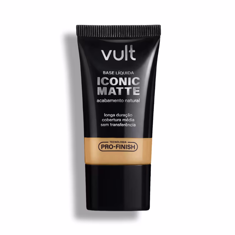 Bisnaga preta da marca Vult contendo Base Líquida Iconic Matte com acabamento natural, longa duração e cobertura média, sem transferência e com Tecnologia Pro-Finish.
