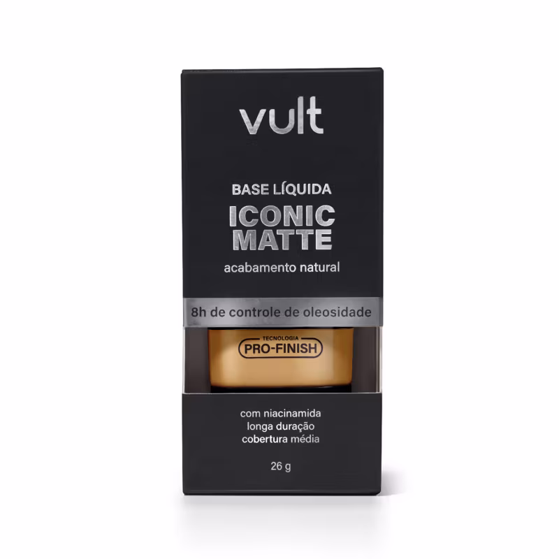 Caixa preta com logotipo Vult, contendo base líquida matte com acabamento natural e controle de oleosidade, com tecnologia Pro-Finish e mais informações sobre duração e cobertura.
