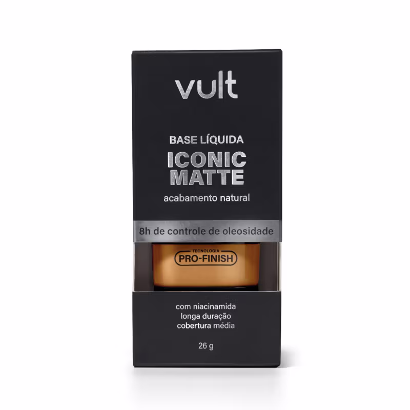 Caixa preta com logotipo Vult, contendo base líquida matte com acabamento natural e controle de oleosidade, com tecnologia Pro-Finish e mais informações sobre duração e cobertura.
