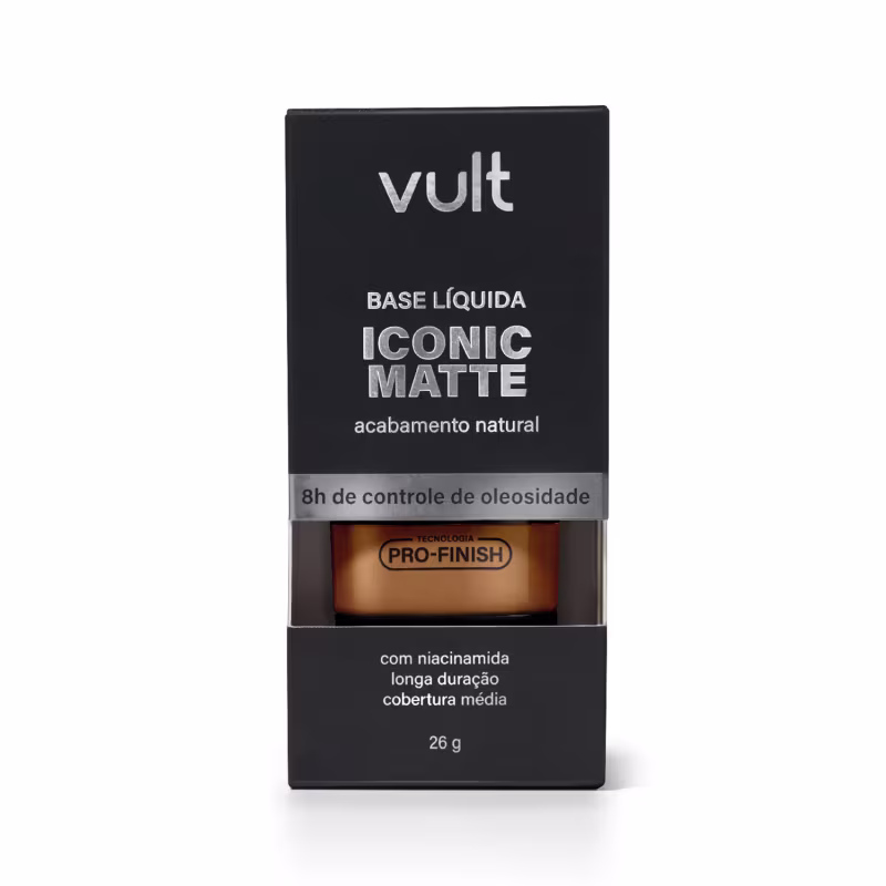 Caixa preta com logotipo Vult, contendo base líquida matte com acabamento natural e controle de oleosidade, com tecnologia Pro-Finish e mais informações sobre duração e cobertura.

