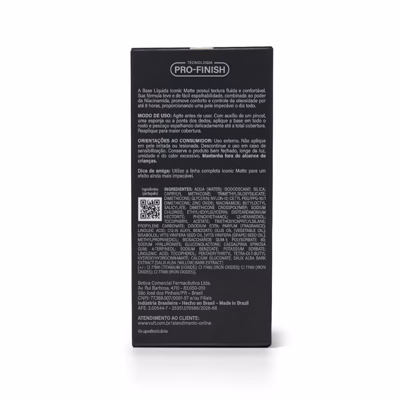 Verso da embalagem de base líquida Iconic Matte da marca Vult, com tecnologia Pro-Finish, textura fluida e confortável, rótulo com informações sobre modo de uso e ingredientes.