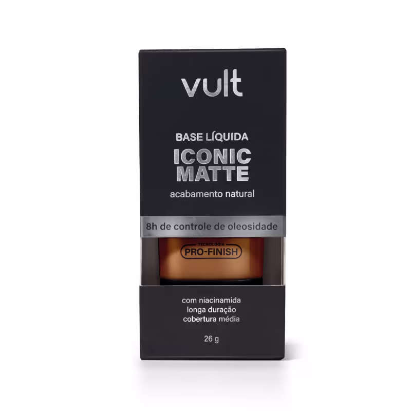 Caixa preta com logotipo Vult, contendo base líquida matte com acabamento natural e controle de oleosidade, com tecnologia Pro-Finish e mais informações sobre duração e cobertura.
