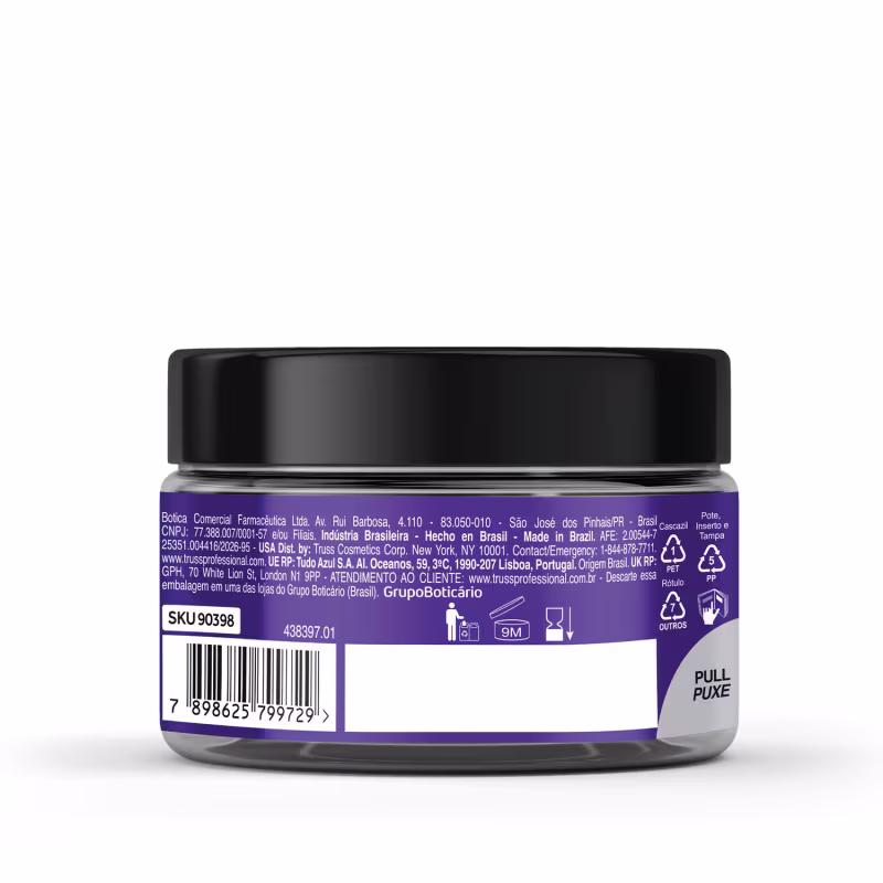 Frasco de produto de beleza da marca Truss, com tampa preta e rótulo roxo. O produto é apresentado em embalagem cilíndrica preta, com informações de identificação e instruções de uso visíveis no rótulo.
