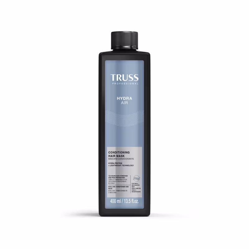 Frasco preto da linha Truss Professional, contendo 400 ml de Hydra Air, uma máscara condicionadora para cabelos. O rótulo apresenta o nome da marca e do produto em letras brancas sobre fundo azul claro.