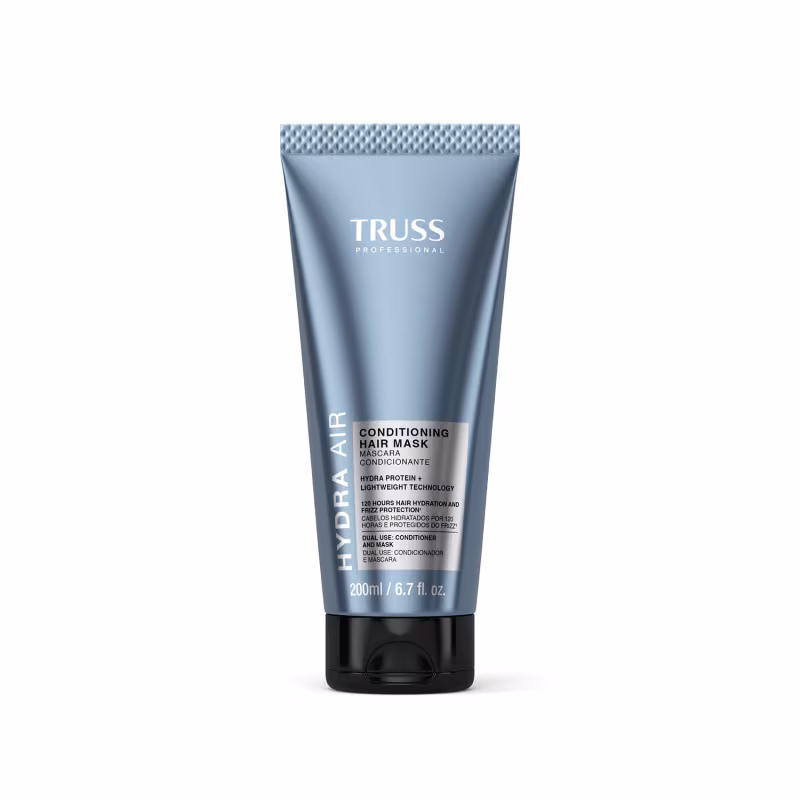 Tubo de máscara condicionadora de cabelo da marca Truss Professional, com embalagem cinza e preta, contendo 200ml do produto. Destaca-se a tecnologia Hydra Protein + Lightweight e a indicação de uso como condicionador e máscara.