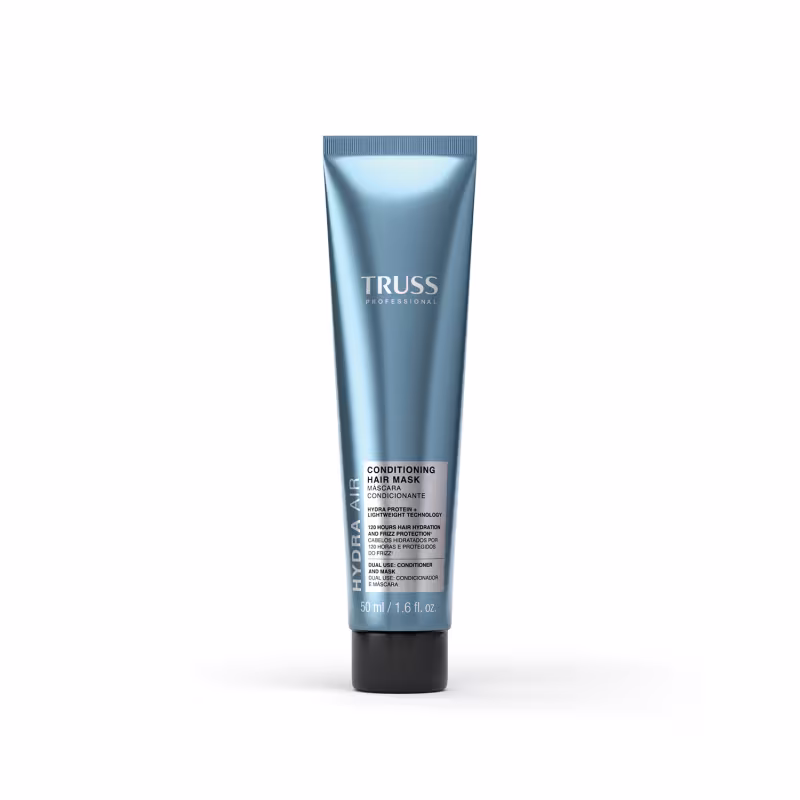 Tubo de condicionador e máscara capilar da marca Truss Professional, com embalagem azul clara e texto em branco. Produto de 50 ml com tecnologia de hidratação e proteção contra frizz.