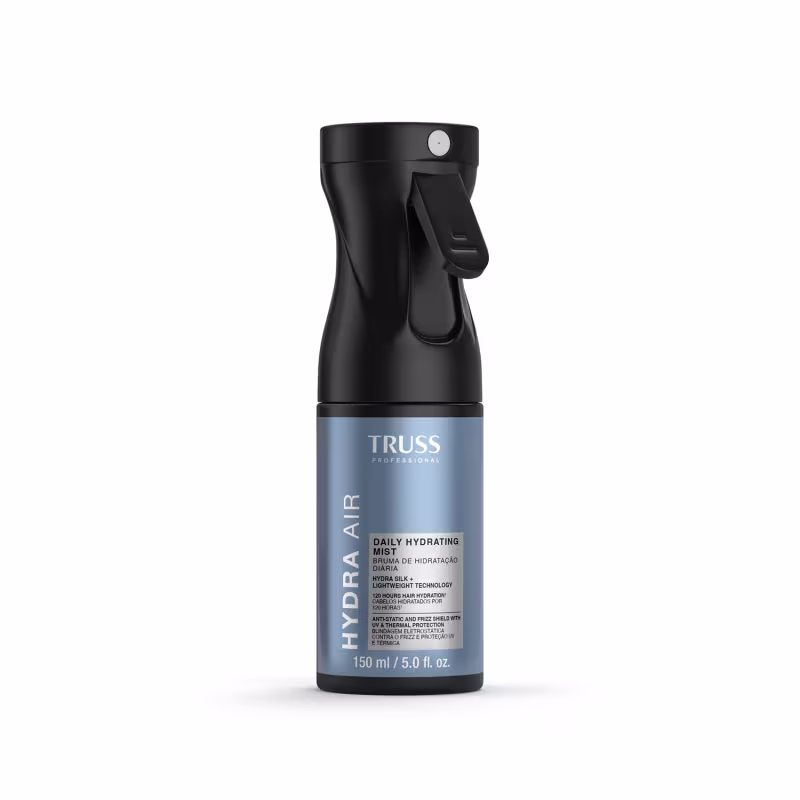 Frasco preto de 150 ml da linha Hydra Air da Truss Professional, com rótulo azul e texto indicando "Daily Hydrating Mist", um spray de hidratação diária para cabelos.