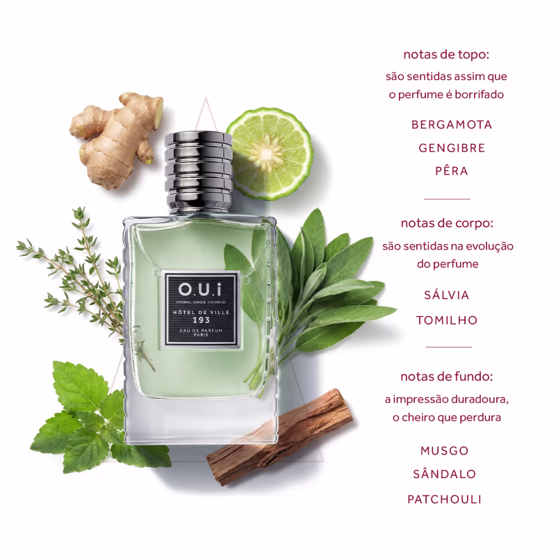 Frasco de item de perfumaria da marca O.U.i com notas de topo de bergamota, gengibre e pêra, notas de corpo de sálvia e tomilho, e notas de fundo de musgo, sândalo e patchouli, em embalagem de vidro com tampa preta.