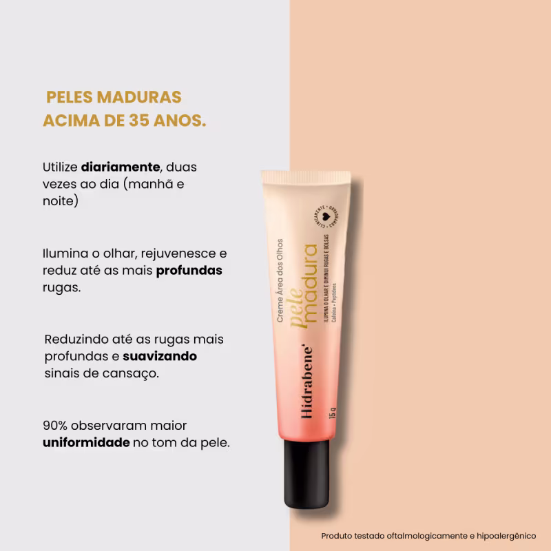 Peles maduras acima de 35 anos. Utilize diariamente, duas vezes ao dia (manhã e noite). Ilumina o olhar, rejuvenesce e reduz até as mais profundas rugas. Reduzindo até as rugas mais profundas e suavizando sinais de cansaço.