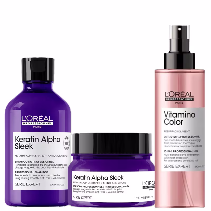 Kit L'Oréal Professionnel Keratin Alpha Sleek Vitamino Color Lait (3 Produtos)
