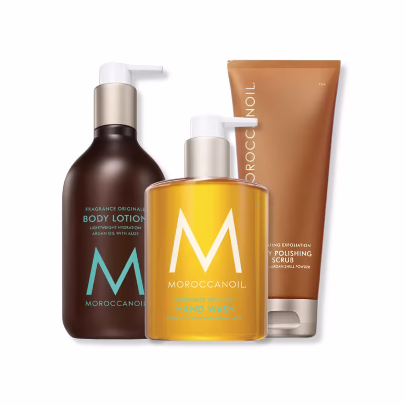 Kit Moroccanoil – Loção Hidratante 360ml + Sabonete Líquido 360ml + Esfoliante 200ml