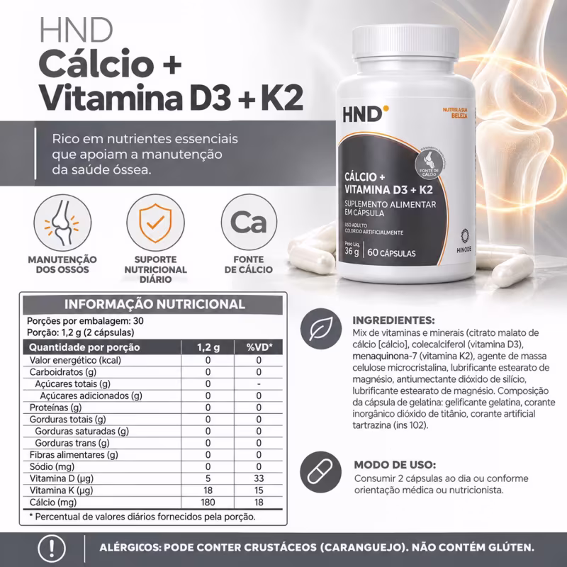 Cálcio + Vitamina D3 + K2 HND – Suplemento Alimentar 60 Cápsulas