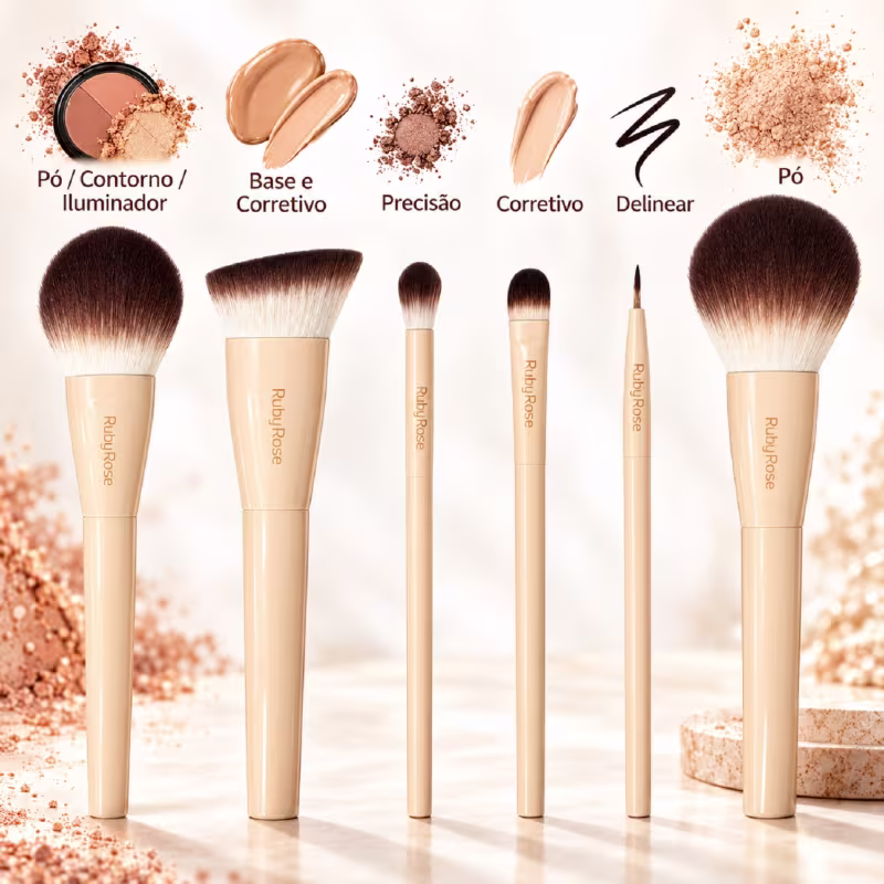 Kit Pincéis Glass Ruby Rose para Base Pó Contorno Iluminador Corretivo e Delinear