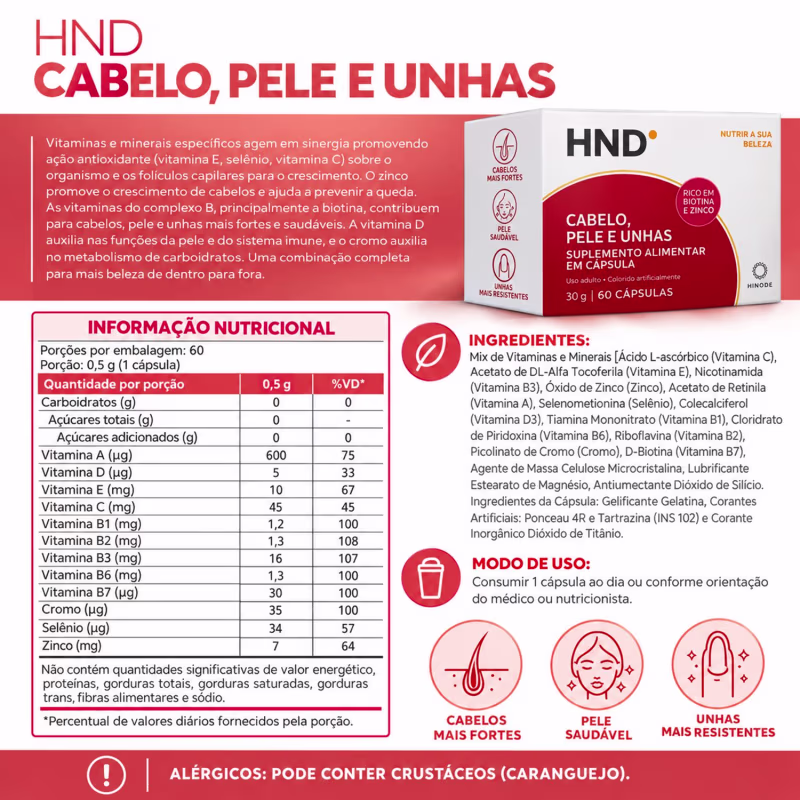 Cabelo, Pele e Unhas HND – Suplemento Alimentar 60 Cápsulas