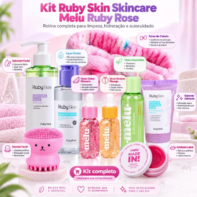 Kit Skincare Melu Ruby Rose com Sabonete Facial Sérum Água Micelar Tônico Esfoliante e Faixa de cabelo