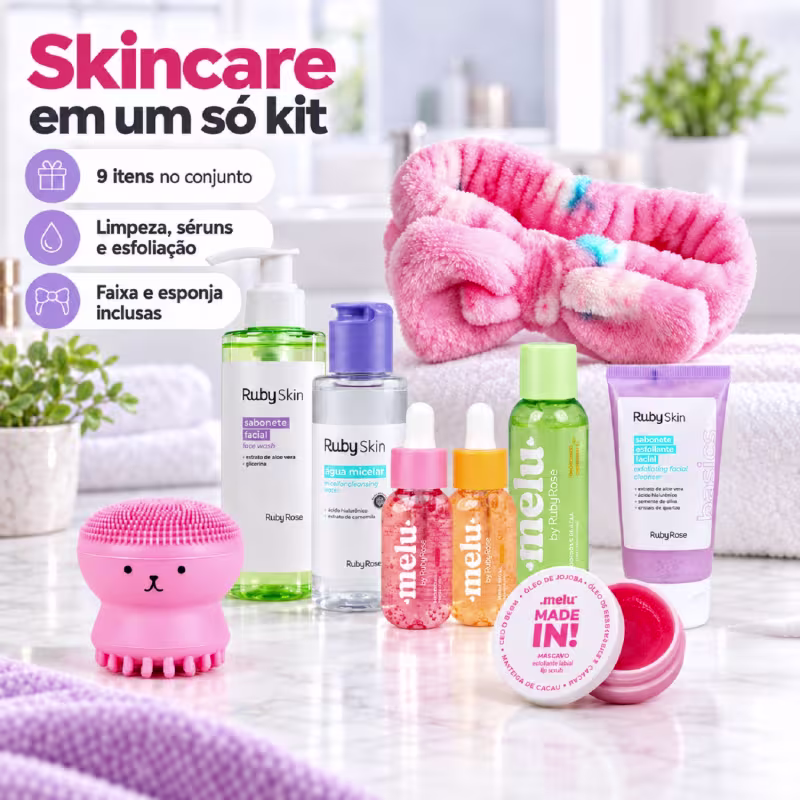 Kit Skincare Melu Ruby Rose com Sabonete Facial Sérum Água Micelar Tônico Esfoliante e Faixa de cabelo