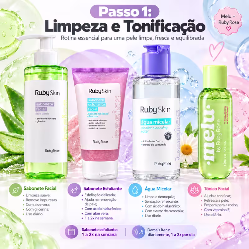 Kit Skincare Melu Ruby Rose com Sabonete Facial Sérum Água Micelar Tônico Esfoliante e Faixa de cabelo