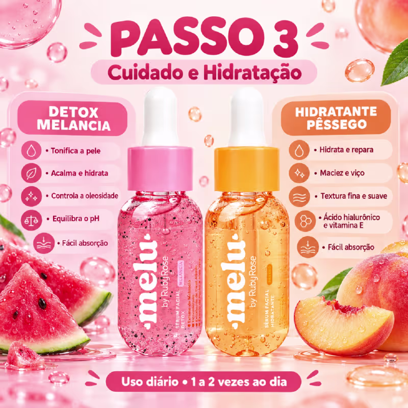 Kit Skincare Melu Ruby Rose com Sabonete Facial Sérum Água Micelar Tônico Esfoliante e Faixa de cabelo