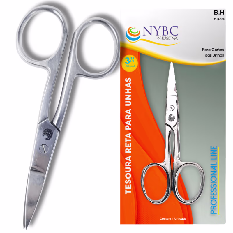 Kit NYBC Beauty Alicate para Cutículas Rosa + Cortador de Unha + Tesoura Larga Inox, 3 produtos.