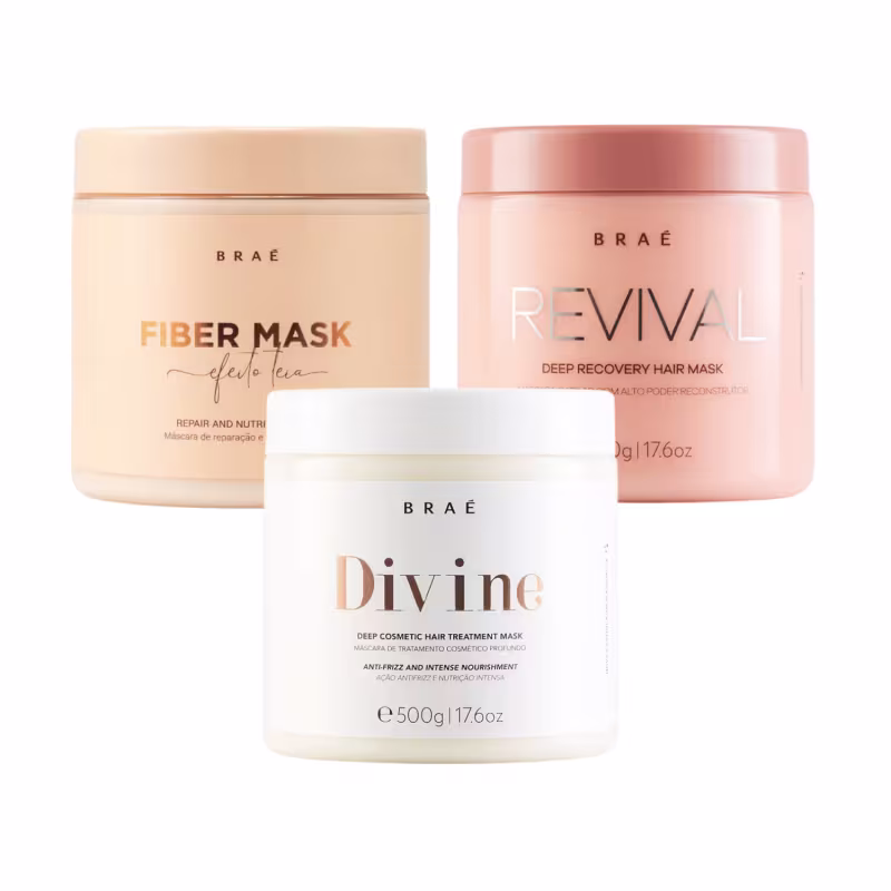 Kit Braé Cronograma Capilar – Máscaras Fiber 500g + Divine 500g + Revival 500g