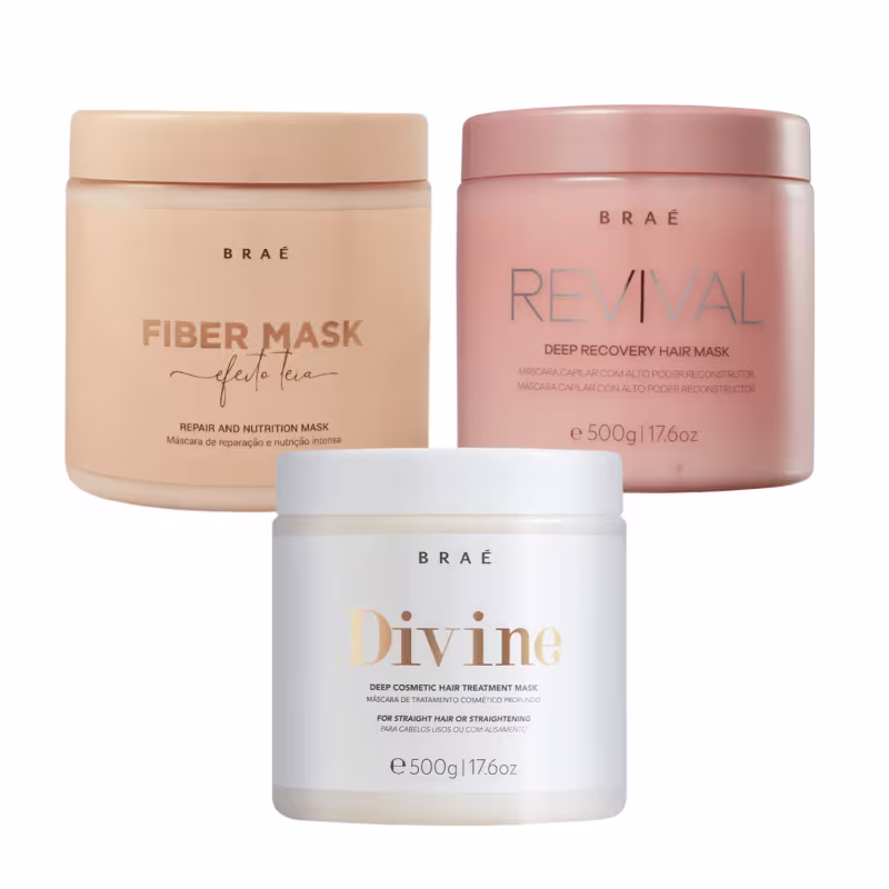Kit Braé Cronograma Capilar – Máscaras Fiber 500g + Divine 500g + Revival 500g