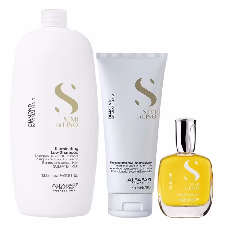 Kit Alfaparf Semi Di Lino Diamond - Shampoo 1L + Leave in 200ml + Cristalli 50ml
