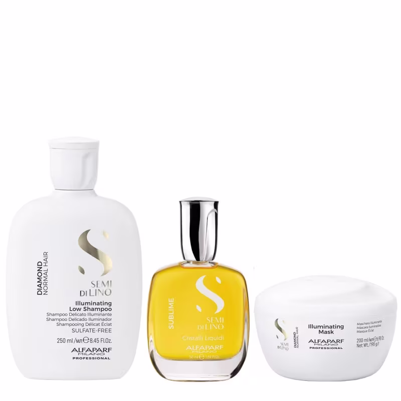 Conjunto de produtos Alfaparf Milano: shampoo iluminador sem sulfato, frasco de cristal líquido e máscara iluminadora, todos em embalagens brancas e amarelas com logotipo da marca.