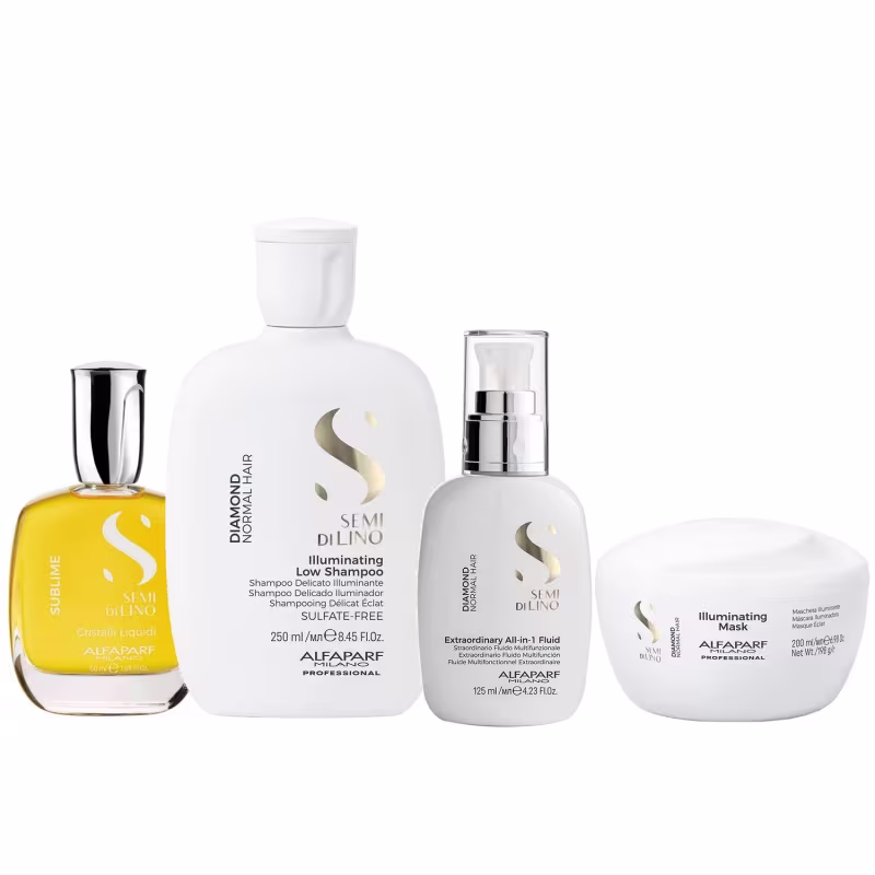 Kit Alfaparf Semi Di Lino Diamond - Shampoo 250ml + Máscara 200ml + Fluido 125ml + Cristalli 50ml