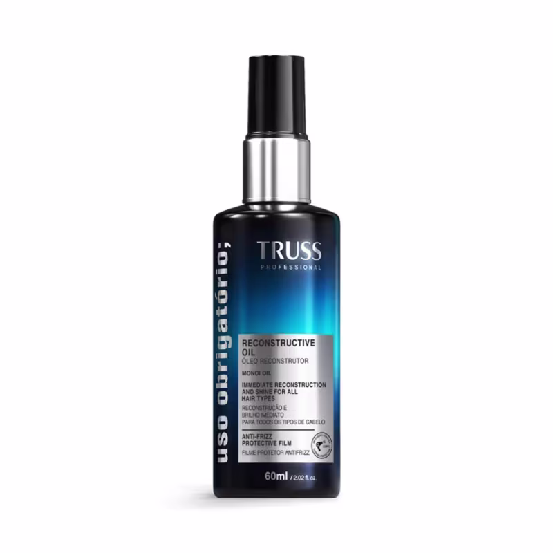 Frasco preto e azul da linha Truss Professional, contendo 60ml de Óleo Reconstrutor, um produto para reconstrução e brilho imediato de todos os tipos de cabelo.