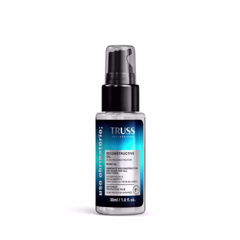 Frasco preto e azul da linha Truss Professional, contendo 30ml de Óleo Reconstrutor, produto para reconstrução e brilho imediato em todos os tipos de cabelo.