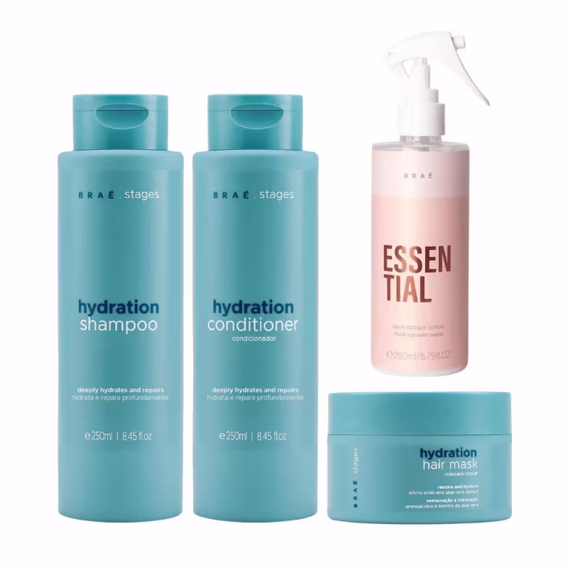 Kit Braé Hydration Power  –  Shampoo 250ml + Condicionador 250ml + Máscara 200g + Fluído Essential 260ml