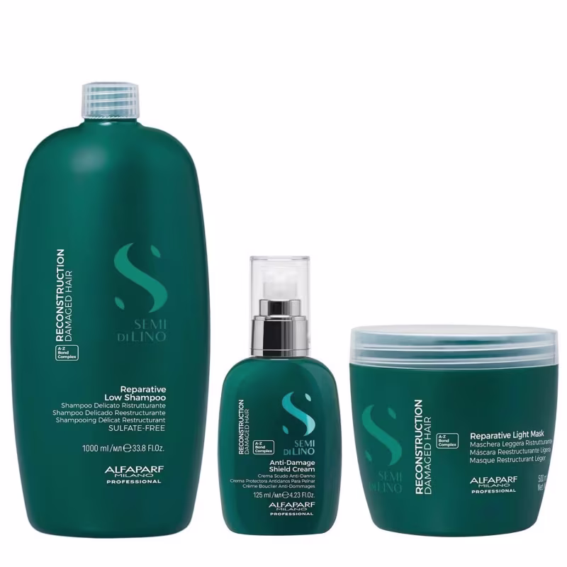 Kit Alfaparf Semi Di Lino Reconstruction - Shampoo 1L + Máscara Suave 500ml + Creme 125ml