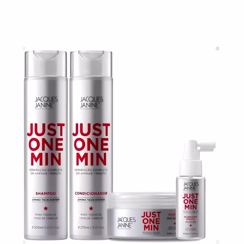 Kit Jacques Janine Professionnel Just One Min - Shampoo 300ml + Condicionador 270ml + Blindagem 60ml + Mácara 80g