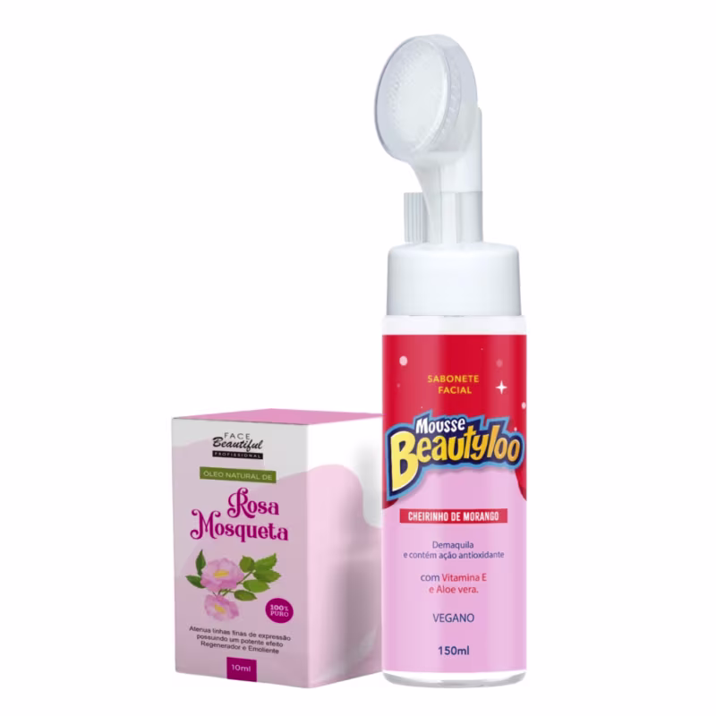 Kit Pele Radiante: Óleo de Rosa Mosqueta 10ml e Sabonete Facial Mousse Morango Beautyloo 150ml - Face Beautiful