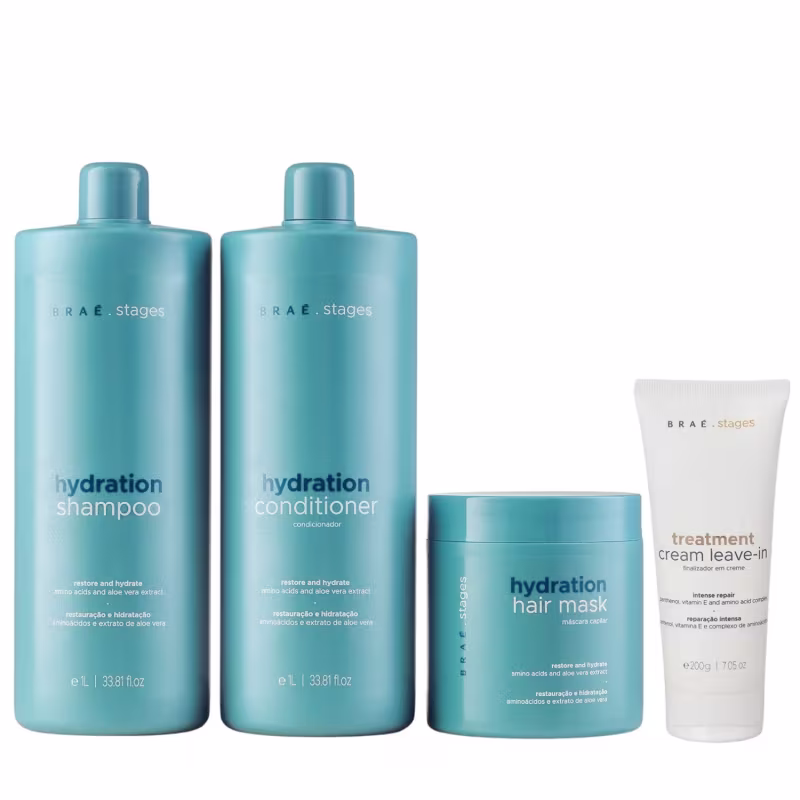 Kit Braé Stages Hydration - Shampoo 1L + Condicionador 1L + Máscara 500g + Cream Leave-in 200g