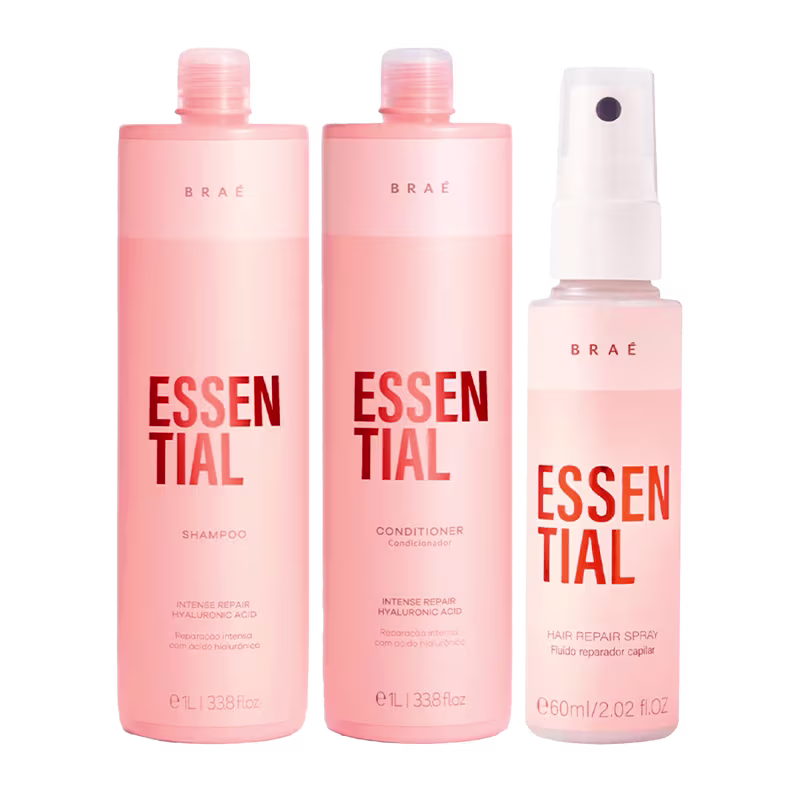 Kit Braé Essential Shampoo 1L + Condicionador 1L + Fluido Reparador 60ml