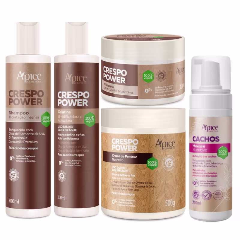 Kit Apice Crespo Power Shampoo + Gelatina + Mascara + Creme de Pentear + Mousse Cachos Profissional	