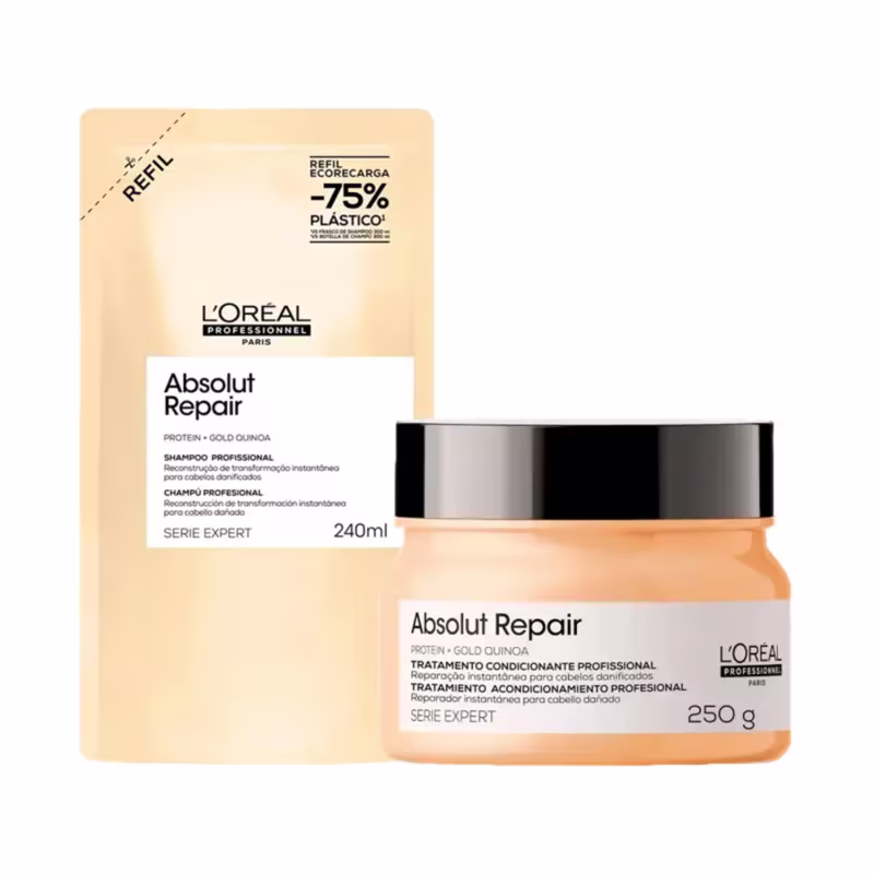 Kit Absolut Repair Gold Quinoa + Protein L'Oréal Professionnel - Shampoo Refil 240ml + Máscara 250g