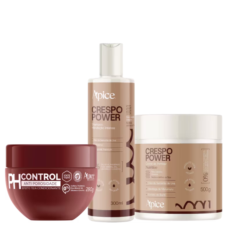 Kit Crespo Power Shampoo, Creme de Pentear e Máscara Ph Control - Apice | Hidratação Profunda e Alta Definição