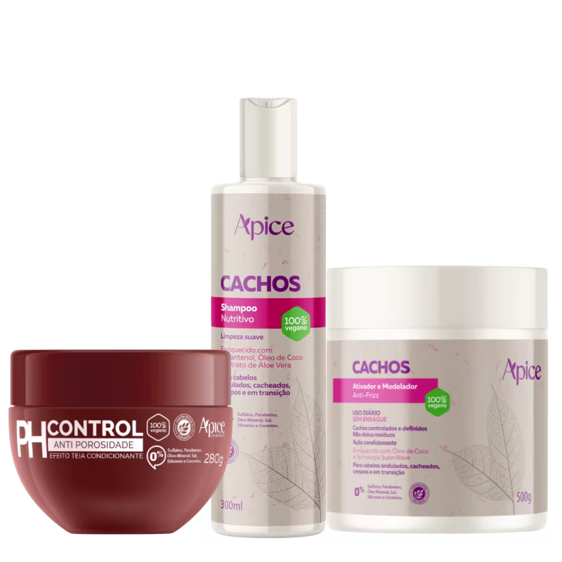 Kit Shampoo, Ativador de Cachos, Acidificante Ph Control - Apice | Tratamento Intensivo Antifrizz e Nutritivo