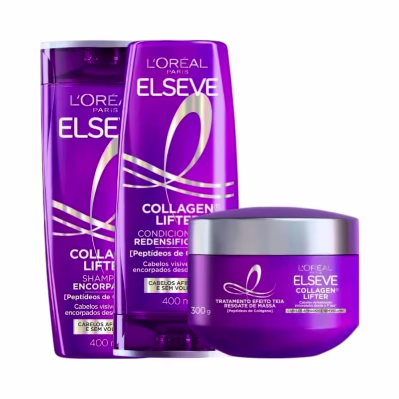 Produtos da linha Elseve da L'Oréal Paris, incluindo shampoo e tratamento capilar com colágeno em embalagens roxas e brancas. Os rótulos destacam o nome da linha "Collagen Lifter"