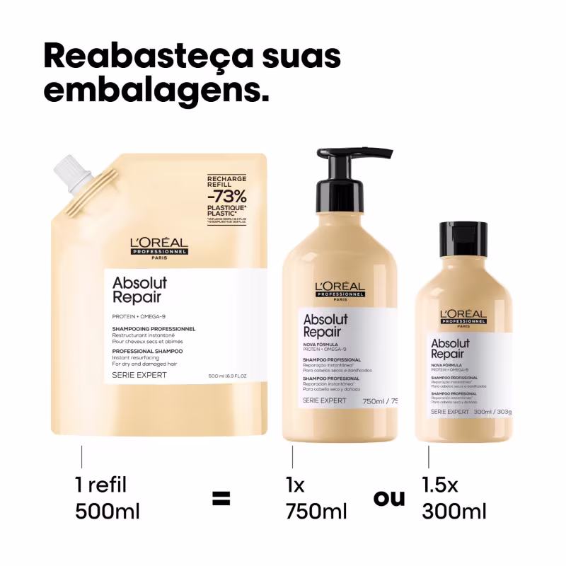 Duo L'Oréal Professionnel Serie Expert Absolut Repair Omega-9 + Protein Refil - Shampoo 500ml (2 Unidades)