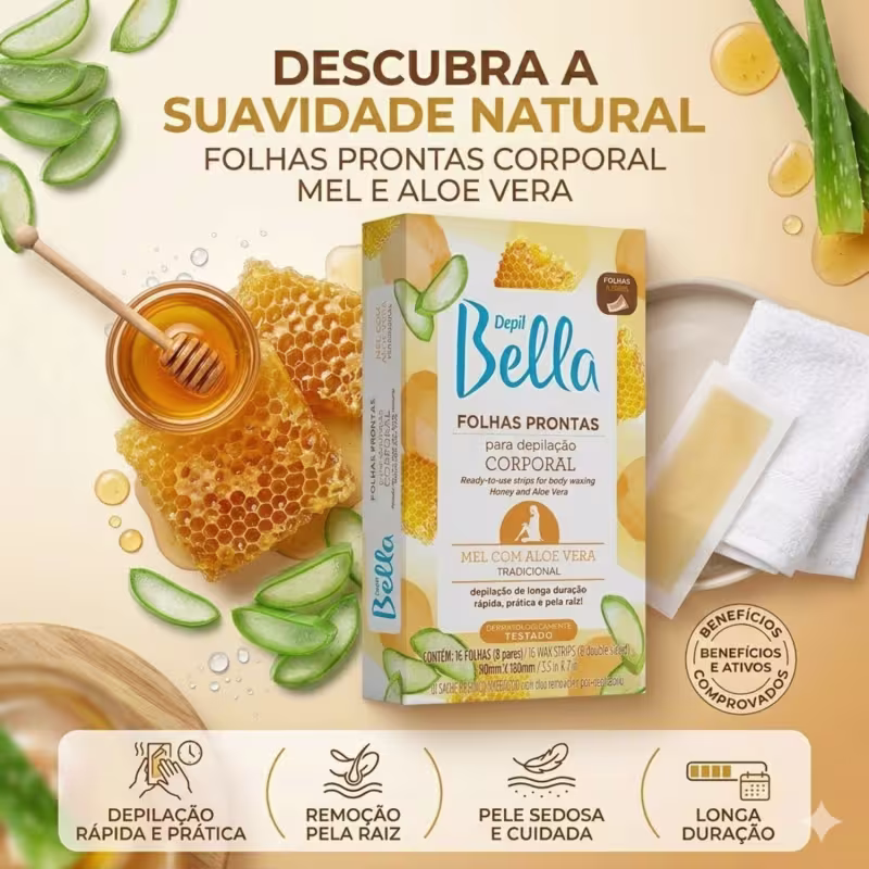 Folhas Prontas Depilação Corporal 96 unidades Depil Bella Mel Aloe Vera